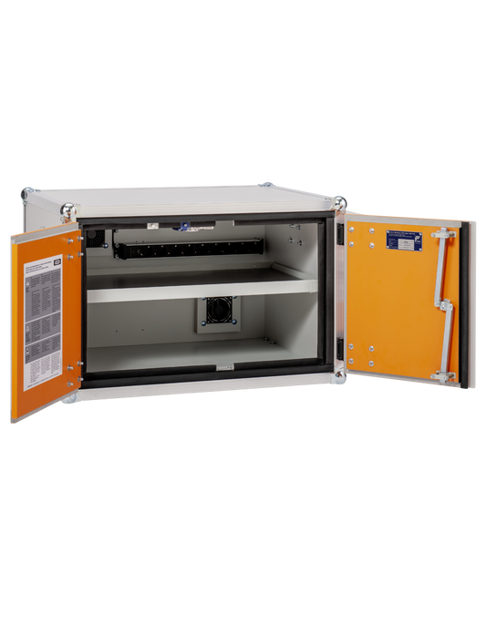 CEMO Basic Akku-Ladeschrank für die sichere Lagerung und Ladung von Lithium-Ionen-Akkus.