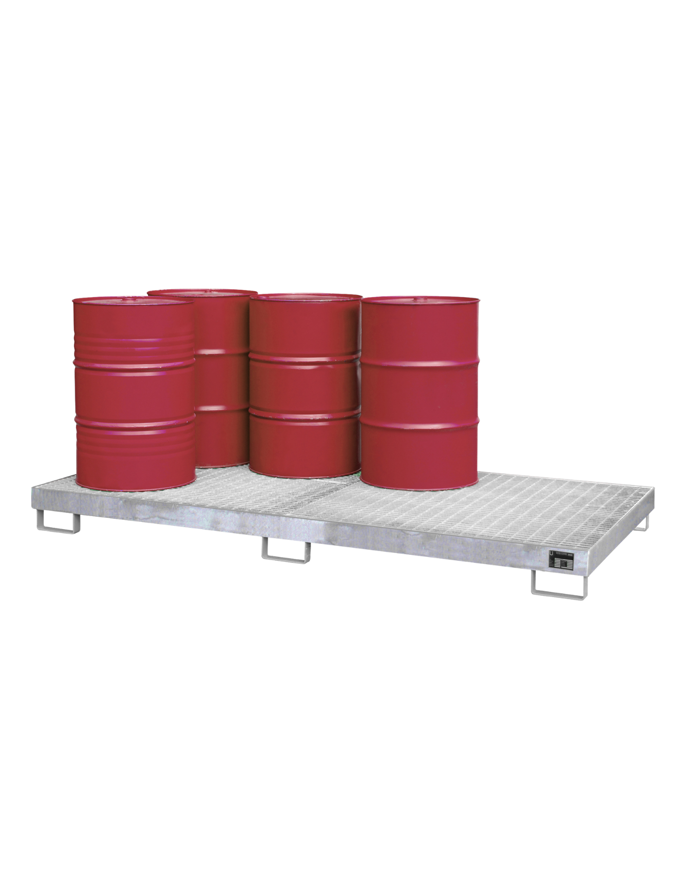 BAUER Stahl-Auffangwanne für 8-Fass-Lagerung; professionelles Lagersystem mit hohem Auffangvolumen für Öle, Chemikalien und Gefahrstoffe.