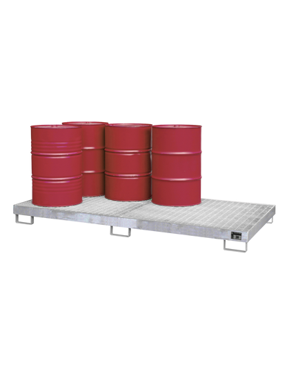 BAUER Stahl-Auffangwanne für 8-Fass-Lagerung; professionelles Lagersystem mit hohem Auffangvolumen für Öle, Chemikalien und Gefahrstoffe.