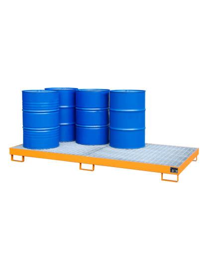BAUER Stahl-Auffangwanne zur vorschriftsmäßigen Lagerung von 8 x 200-Liter-Fässern mit herausnehmbarem, verzinktem Gitterrost für Industrie und Handwerk.