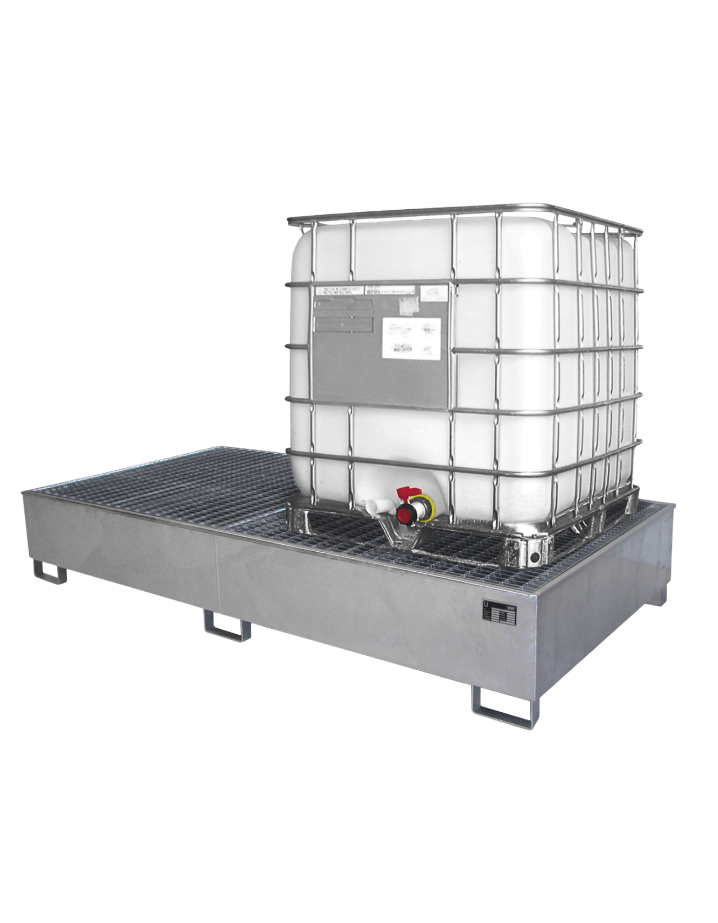 BAUER Stahl-Auffangwanne Typ AW für die vorschriftsmäßige Lagerung von zwei 1000 Liter IBC-Containern.