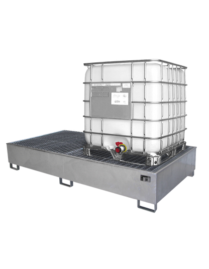 BAUER Stahl-Auffangwanne Typ AW für die vorschriftsmäßige Lagerung von zwei 1000 Liter IBC-Containern.