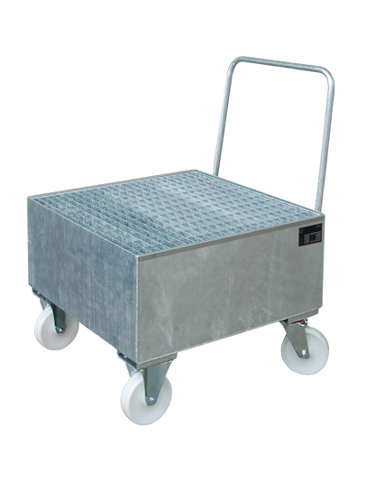 BAUER Mobile Stahl-Auffangwanne für 1-Fass-Lagerung; professionelle fahrbare Auffangvorrichtung mit 200 Liter Auffangvolumen für Chemikalien.