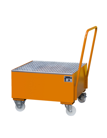 BAUER Mobile Stahl-Auffangwanne für 1 x 200-Liter-Fass; fahrbare Ausführung mit Schiebegriff und Rollen zur flexiblen Handhabung von Einzelgebinden im Betrieb.