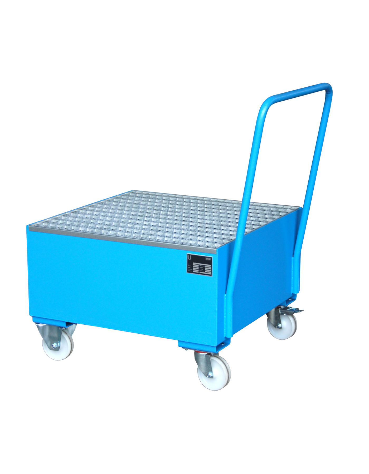 BAUER Mobile Stahl-Auffangwanne mit verzinktem Gitterrost für 1 Fass; robuste Stahlkonstruktion mit Lenk- und Bockrollen für den sicheren internen Transport von Gefahrstoffen.
