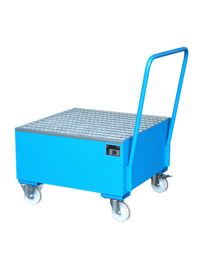 BAUER Mobile Stahl-Auffangwanne mit verzinktem Gitterrost für 1 Fass; robuste Stahlkonstruktion mit Lenk- und Bockrollen für den sicheren internen Transport von Gefahrstoffen.