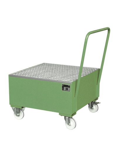 BAUER Mobile Stahl-Auffangwanne für 1 x 200L Fass; hochwertige Pulverbeschichtung und stabile Gitterrost-Auflage für Öle und brennbare Flüssigkeiten.