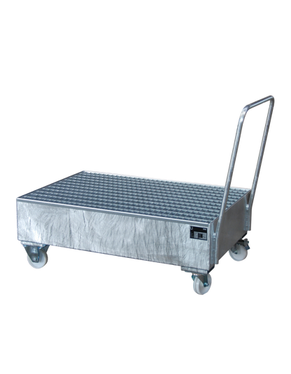 BAUER mobile Stahl-Auffangwanne für 2-Fass-Lagerung; professioneller Fass-Sammelwagen mit 200 Liter Auffangvolumen für Chemikalien und Gefahrstoffe.