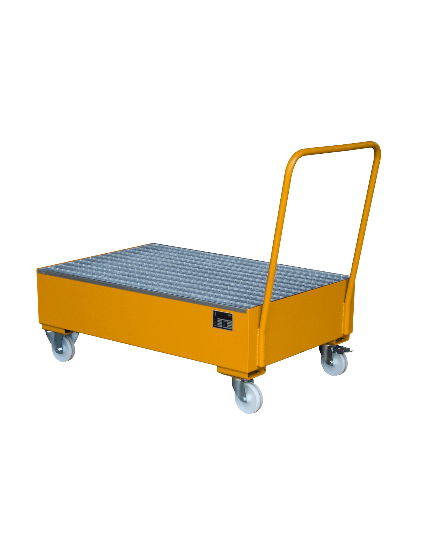 BAUER mobile Stahl-Auffangwanne für 2 x 200-Liter-Fässer; fahrbare Ausführung mit Schiebegriff und Rollen zur flexiblen Handhabung von Gefahrstoffen im Betrieb.