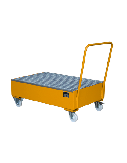 BAUER mobile Stahl-Auffangwanne für 2 x 200-Liter-Fässer; fahrbare Ausführung mit Schiebegriff und Rollen zur flexiblen Handhabung von Gefahrstoffen im Betrieb.