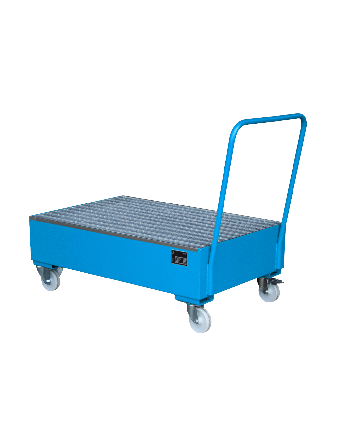 BAUER mobile Stahl-Auffangwanne für 2 Fässer; robuste Stahlkonstruktion mit Lenk- und Bockrollen für den sicheren internen Transport.