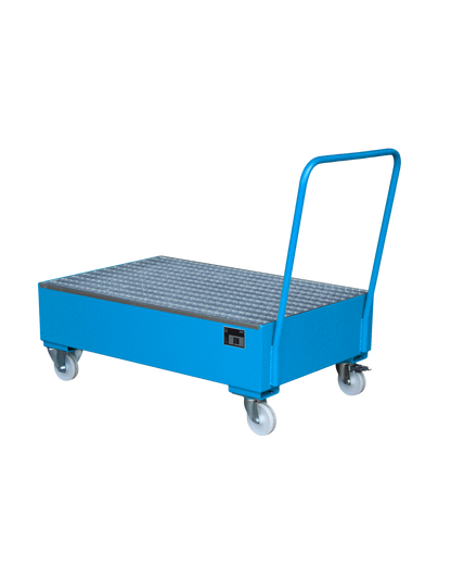 BAUER mobile Stahl-Auffangwanne für 2 Fässer; robuste Stahlkonstruktion mit Lenk- und Bockrollen für den sicheren internen Transport.