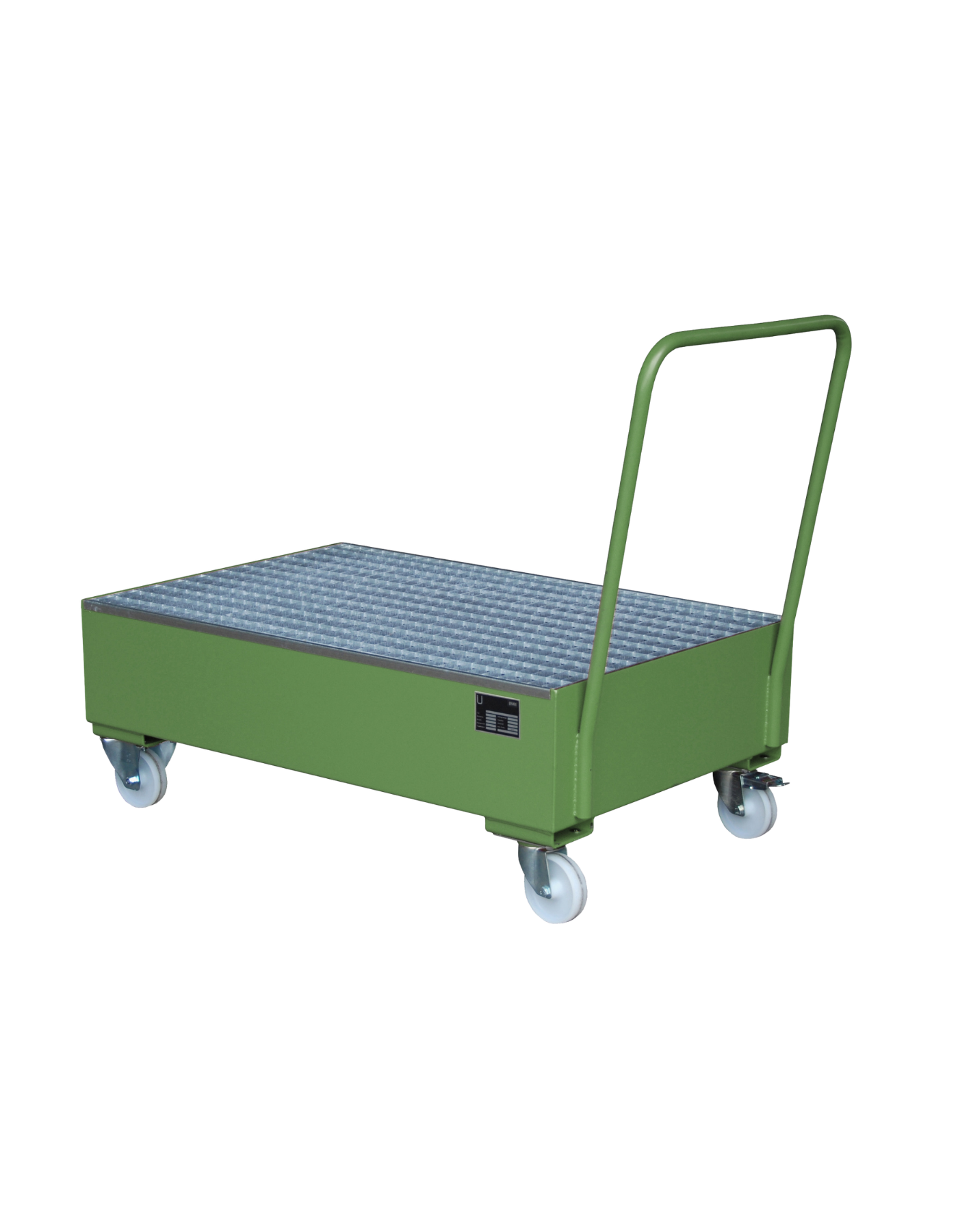 BAUER mobile Stahl-Auffangwanne für 2 x 200L Fässer; hochwertige Pulverbeschichtung und stabile Gitterrost-Auflage für Öle und brennbare Flüssigkeiten.