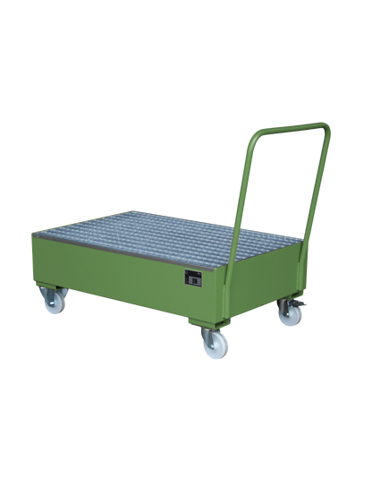 BAUER mobile Stahl-Auffangwanne für 2 x 200L Fässer; hochwertige Pulverbeschichtung und stabile Gitterrost-Auflage für Öle und brennbare Flüssigkeiten.