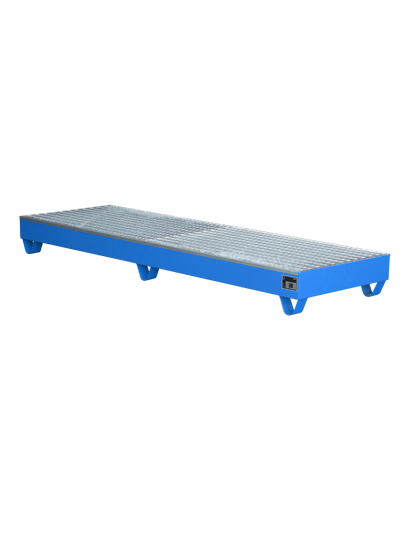 BAUER Stahl-Auffangwanne aus 3 mm Stahlblech für 4 Fässer; mit integrierten Staplertaschen für den sicheren internen Transport per Gabelstapler.