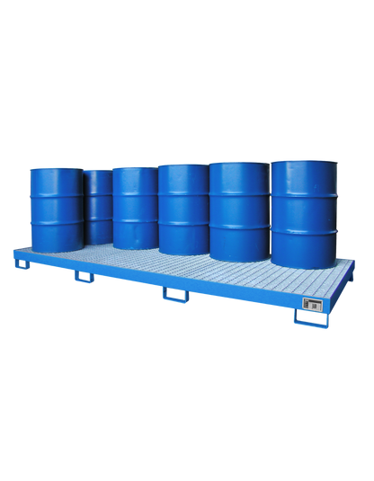 BAUER Stahl-Auffangwanne für 10 x 200L Fässer; professionelles Gefahrgut-Lagersystem mit hohem Auffangvolumen für Chemikalien, Öle und Schmierstoffe.