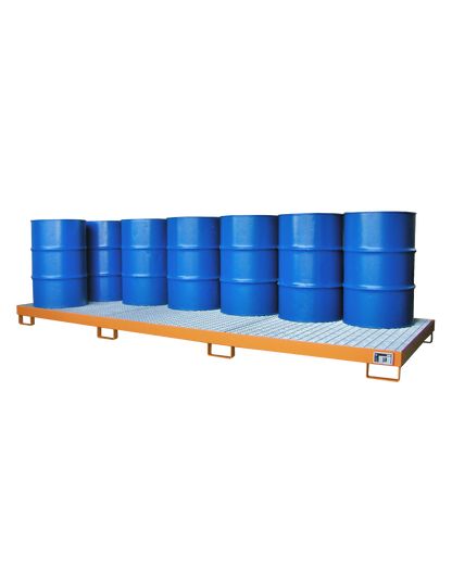 BAUER Stahl-Auffangwanne zur vorschriftsmäßigen Lagerung von 12 x 200-Liter-Fässern mit verzinktem Gitterrost für Industrie und Lager.