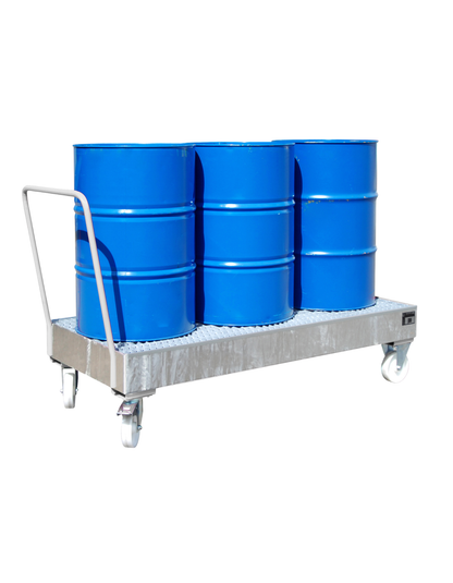BAUER mobile Stahl-Auffangwanne für 3-Fass-Lagerung; professionelles, fahrbares Lagersystem mit 200 Liter Auffangvolumen für Chemikalien und Gefahrstoffe.
