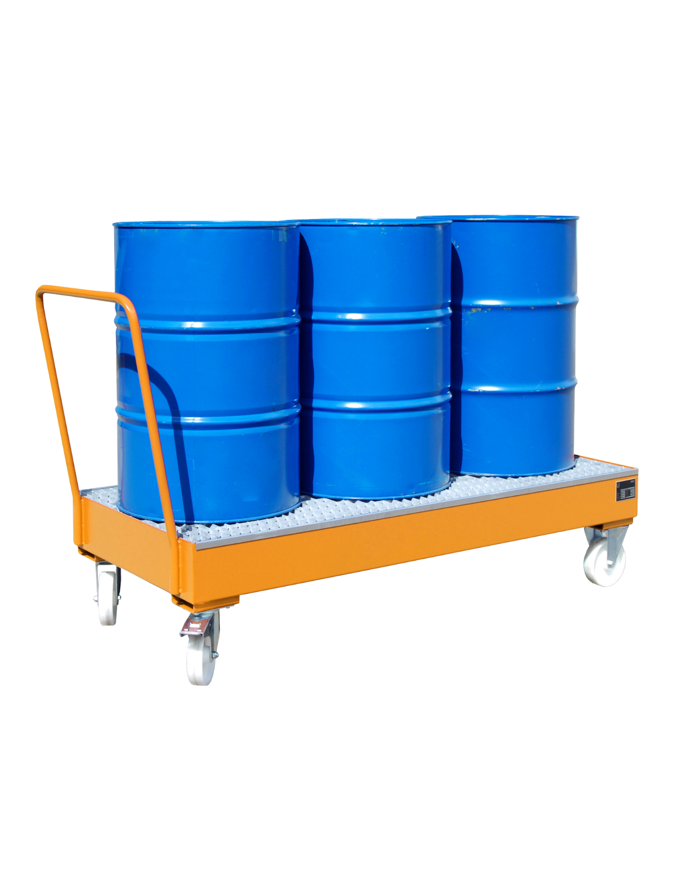 BAUER mobile Stahl-Auffangwanne für 3 x 200-Liter-Fässer; fahrbare Ausführung mit Schiebegriff und Rollen zur flexiblen Gefahrstofflagerung im Betrieb.