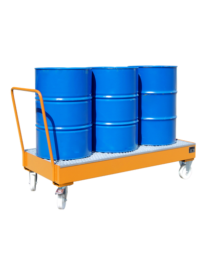 BAUER mobile Stahl-Auffangwanne für 3 x 200-Liter-Fässer; fahrbare Ausführung mit Schiebegriff und Rollen zur flexiblen Gefahrstofflagerung im Betrieb.
