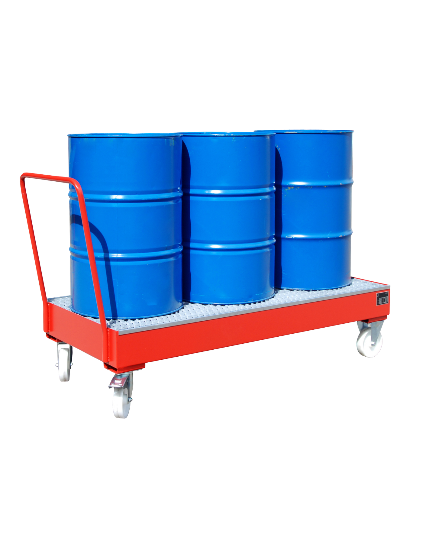 BAUER mobile Stahl-Auffangwanne für 3 Fässer à 200 Liter; flüssigkeitsdicht verschweißt und zertifiziert gemäß StawaR für wassergefährdende Stoffe.