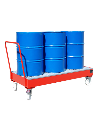 BAUER mobile Stahl-Auffangwanne für 3 Fässer à 200 Liter; flüssigkeitsdicht verschweißt und zertifiziert gemäß StawaR für wassergefährdende Stoffe.