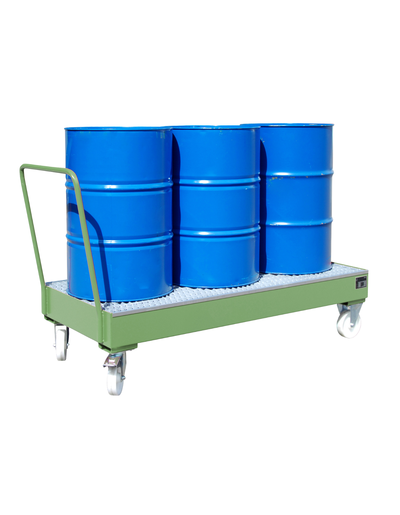 BAUER mobile Stahl-Auffangwanne für 3 x 200L Fässer; hochwertige Pulverbeschichtung und stabile Gitterrost-Auflage für Öle und brennbare Flüssigkeiten.