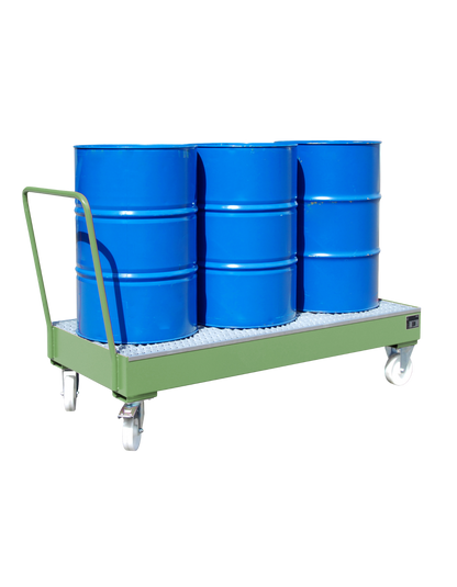BAUER mobile Stahl-Auffangwanne für 3 x 200L Fässer; hochwertige Pulverbeschichtung und stabile Gitterrost-Auflage für Öle und brennbare Flüssigkeiten.