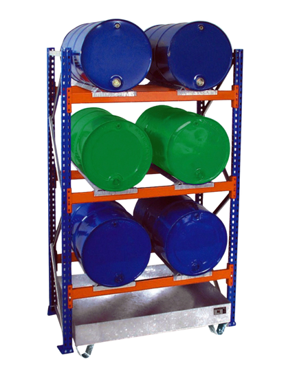 BAUER Fassregal Serie 3000 mit integrierter Auffangwanne für 200 Liter Fässer