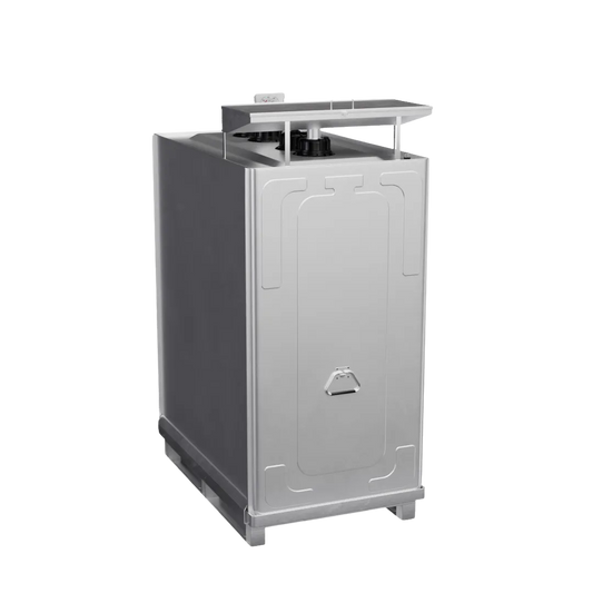 Stationärer 1000 Liter Altöltank; doppelwandiger Lagerbehälter mit integrierter verzinkter Stahlblech-Auffangwanne zur platzsparenden und sicheren Altöl-Lagerung in Gebäuden.