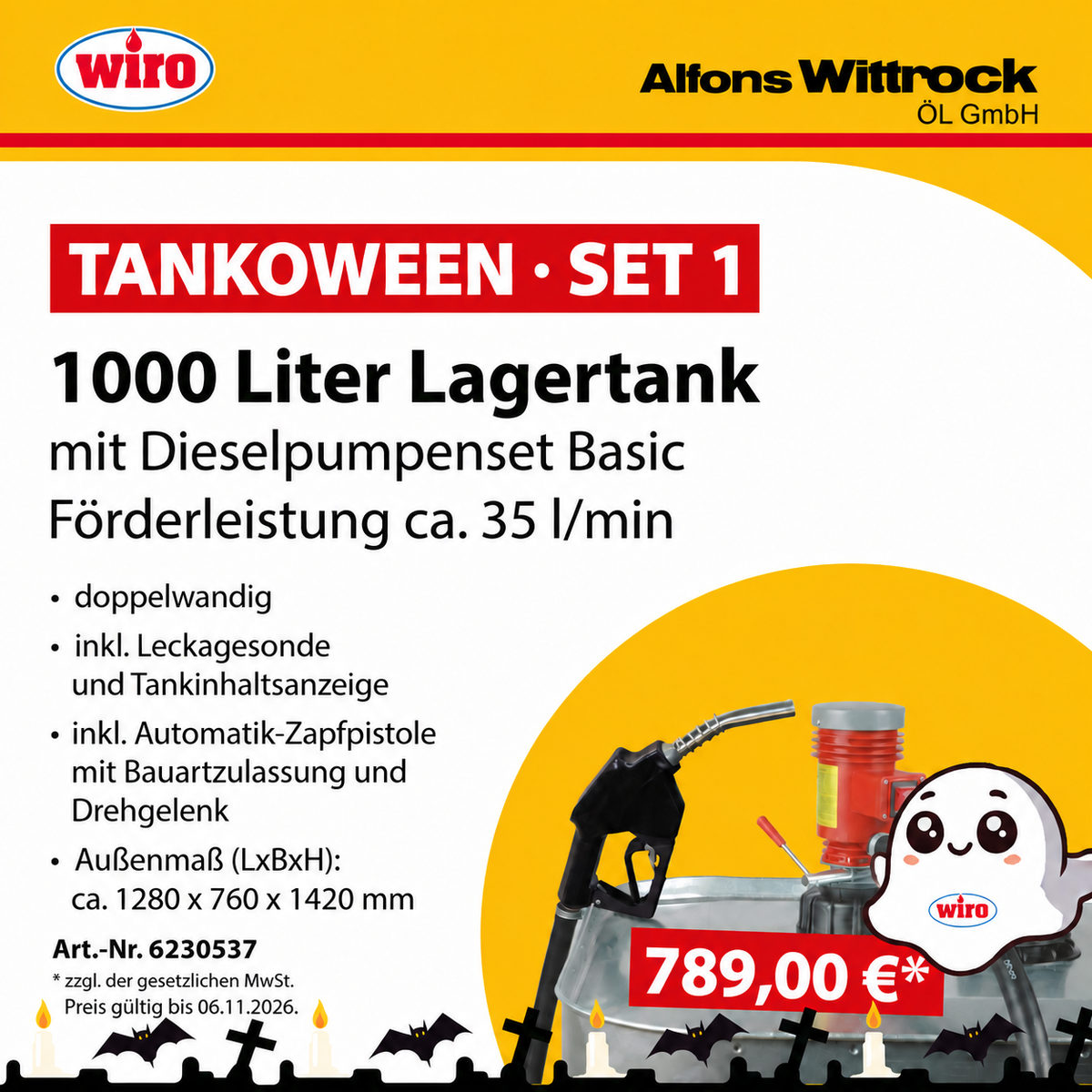 Tankoween Set 1: 1000 Liter Lagertank mit Dieselpumpenset Basic, ca. 35 l/min, für 789,00 € zzgl. MwSt.